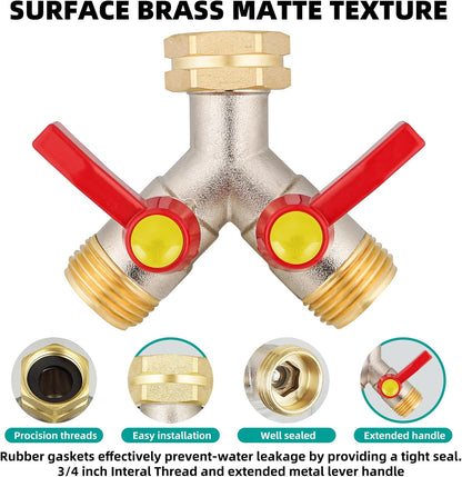 Hose Splitter 2 Way, High Flow Garden Hose Splitter, 3/4” Ght Inlet Brass Heavy Duty Hose Converter, Full Flow water 2 Way Faucet hose splitter, Long Handle Hose Valve Large Outlet.
