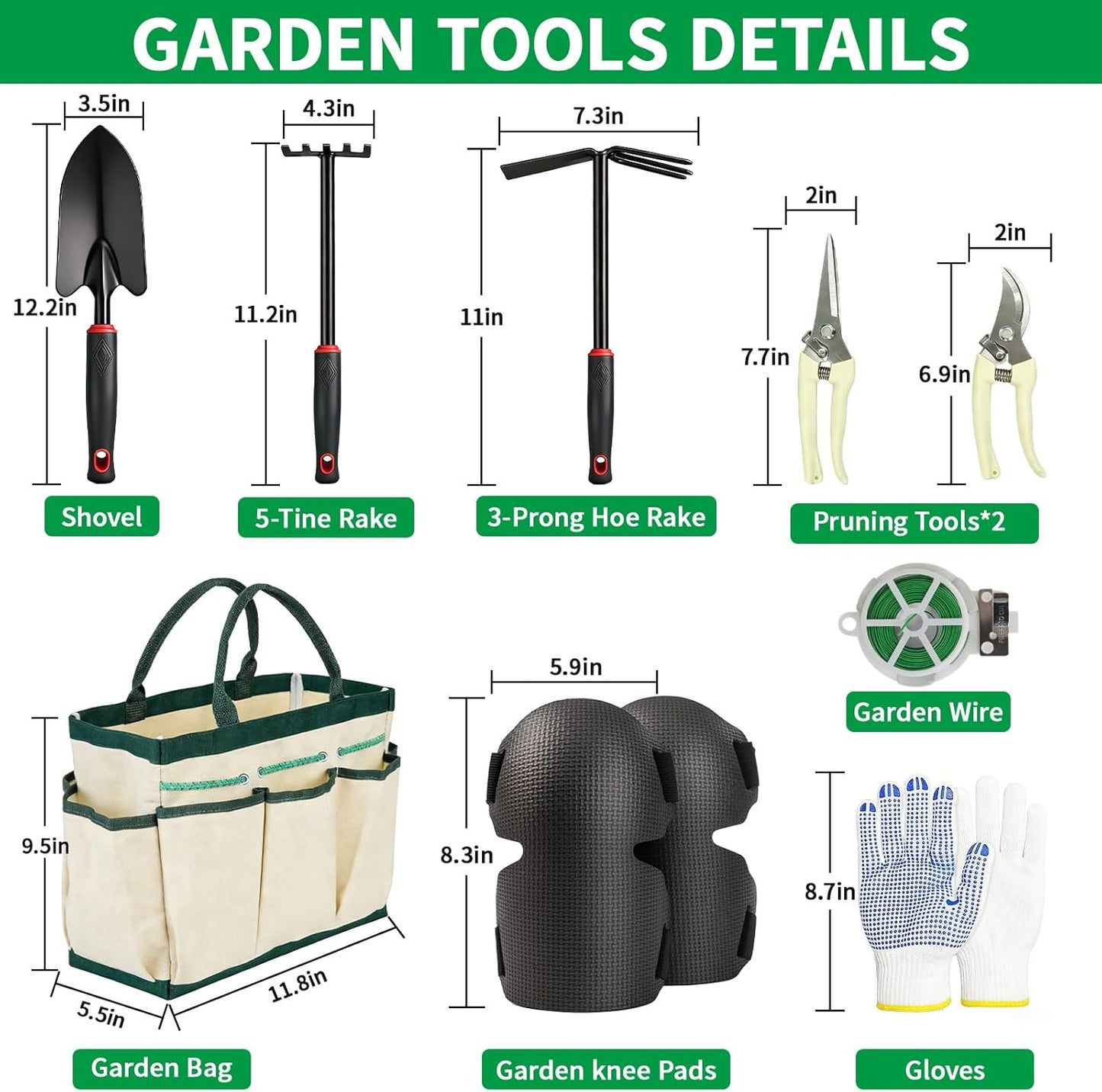 Gardening Tool Set, 10Pc Heavy Duty Garden Kit with Repotting Mat