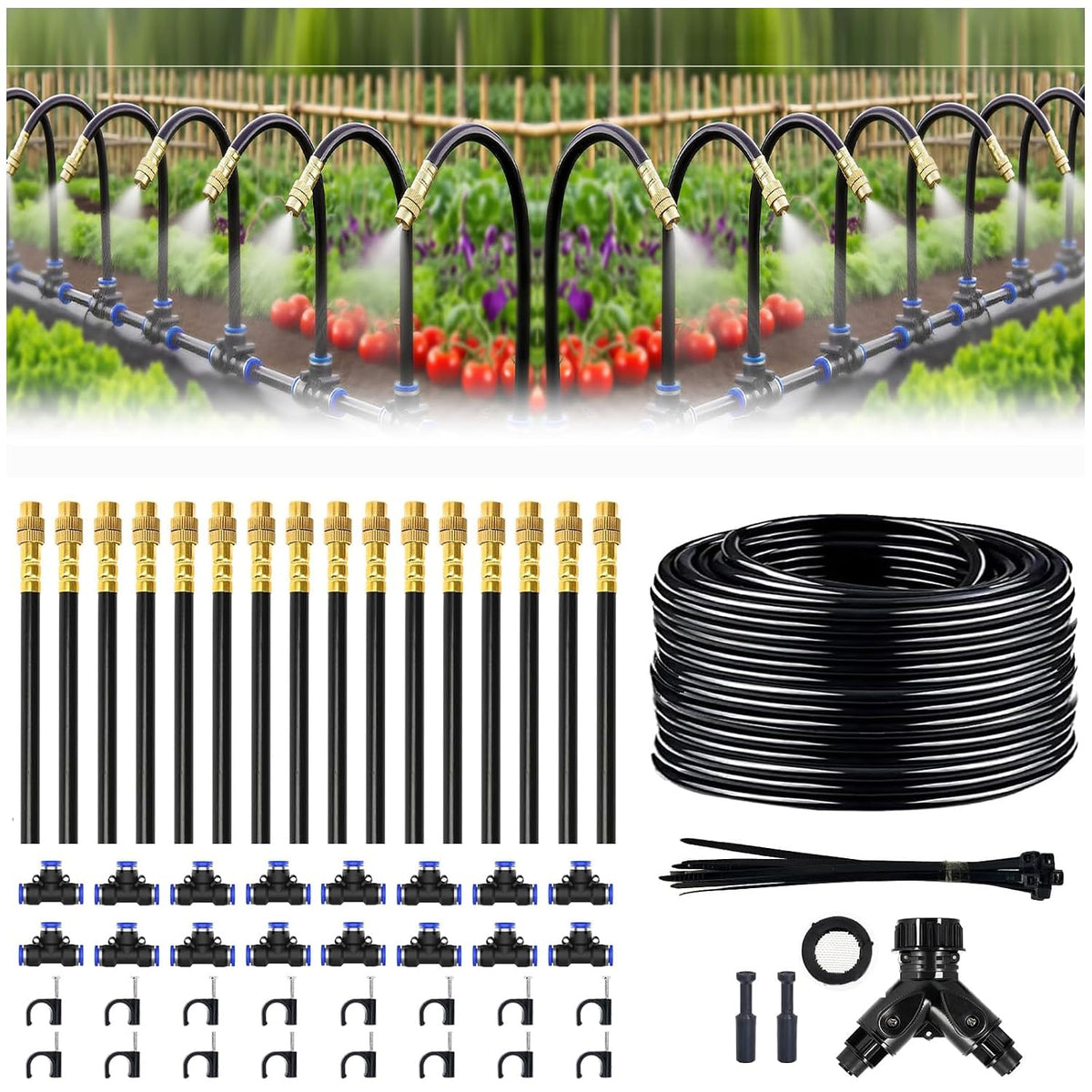 100FT Drip Irrigation System, 1/4 Inch Hose with 360° Adjustable Copper Nozzles – Garden Watering Kit for Lawn, Raised Beds, Greenhouse & Yard