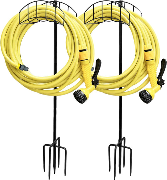 Garden Hose Holder Stand - Frestanding Heavy Duty Metal Water Hose Hanger, Detachable Hose Storage Organizer Holds 150ft, 2-Pack for Outside Yard Lawn (Black)