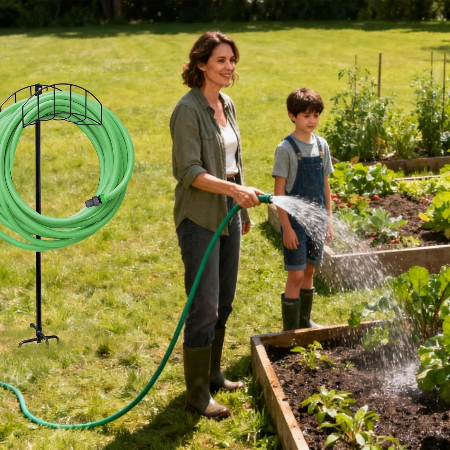 Garden Hose Holder Stand - Frestanding Heavy Duty Metal Water Hose Hanger, Detachable Hose Storage Organizer Holds 150ft, 2-Pack for Outside Yard Lawn (Black)