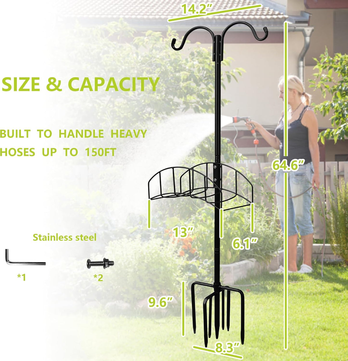 Garden Hose Holder Stand - Frestanding Heavy Duty Metal Water Hose Hanger, Detachable Hose Storage Organizer Holds 150ft, 2-Pack for Outside Yard Lawn (Black)