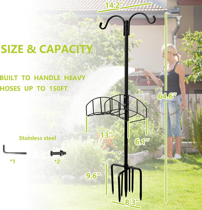 Garden Hose Holder Stand - Frestanding Heavy Duty Metal Water Hose Hanger, Detachable Hose Storage Organizer Holds 150ft, 2-Pack for Outside Yard Lawn (Black)