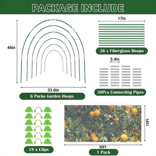 Garden Netting Kit for Raised Beds, 10x30FT Plant Cover Ultra Fine Mesh Netting & 6 Sets Fiberglass Garden Hoops & 18 Clip, Vegetable Plants Fruits Row Cover Birds Animals Barrier Protection Net