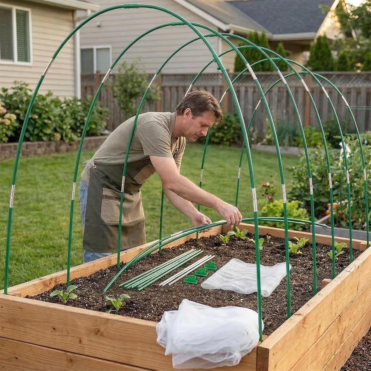 Garden Netting Kit for Raised Beds, 10x30FT Plant Cover Ultra Fine Mesh Netting & 6 Sets Fiberglass Garden Hoops & 18 Clip, Vegetable Plants Fruits Row Cover Birds Animals Barrier Protection Net