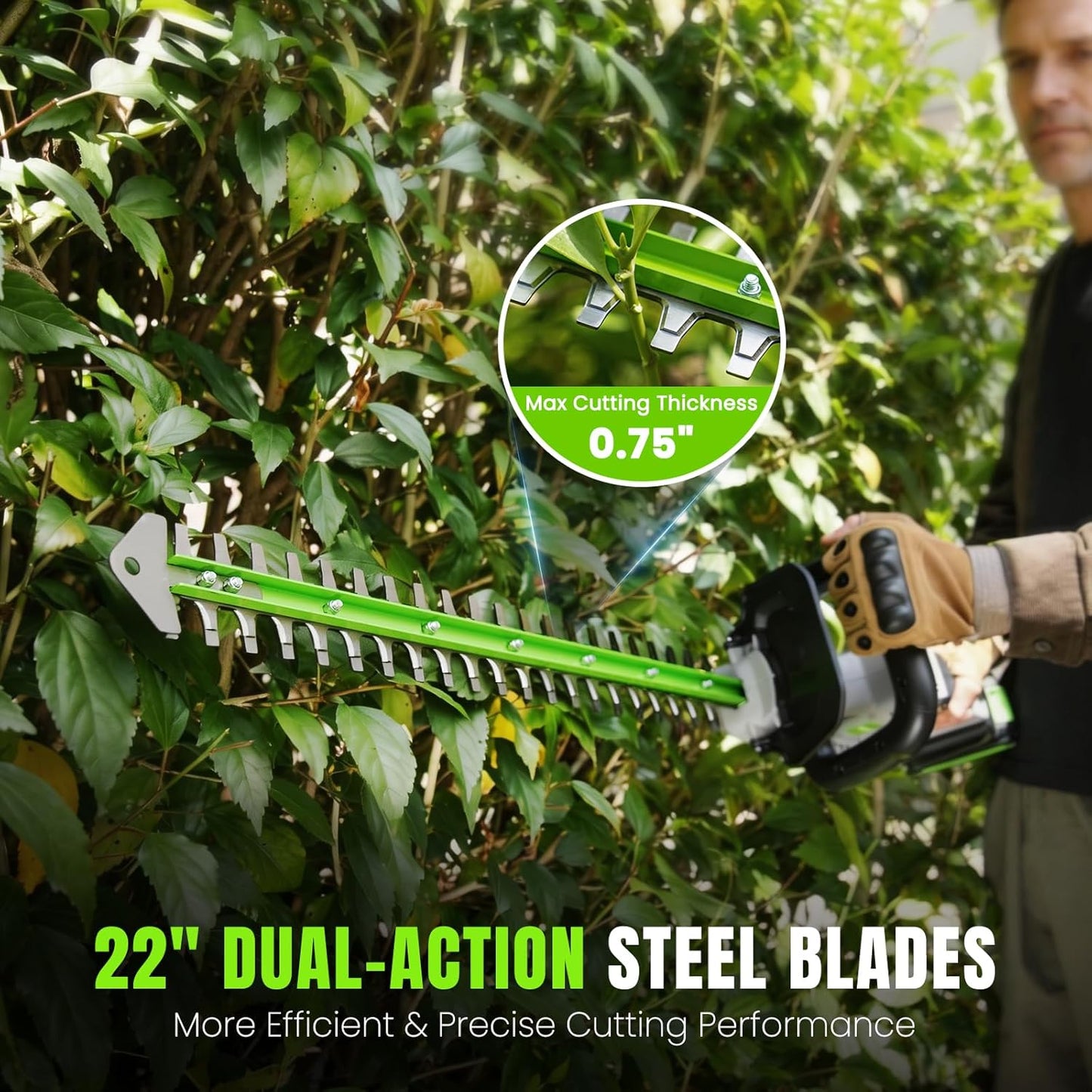 Hedge Trimmer Cordless 22" - 2 x 21V Batteries & Fast Charger, Easy to Use