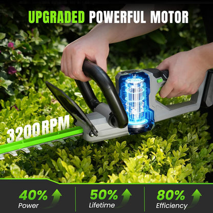 Hedge Trimmer Cordless 22" - 2 x 21V Batteries & Fast Charger, Easy to Use