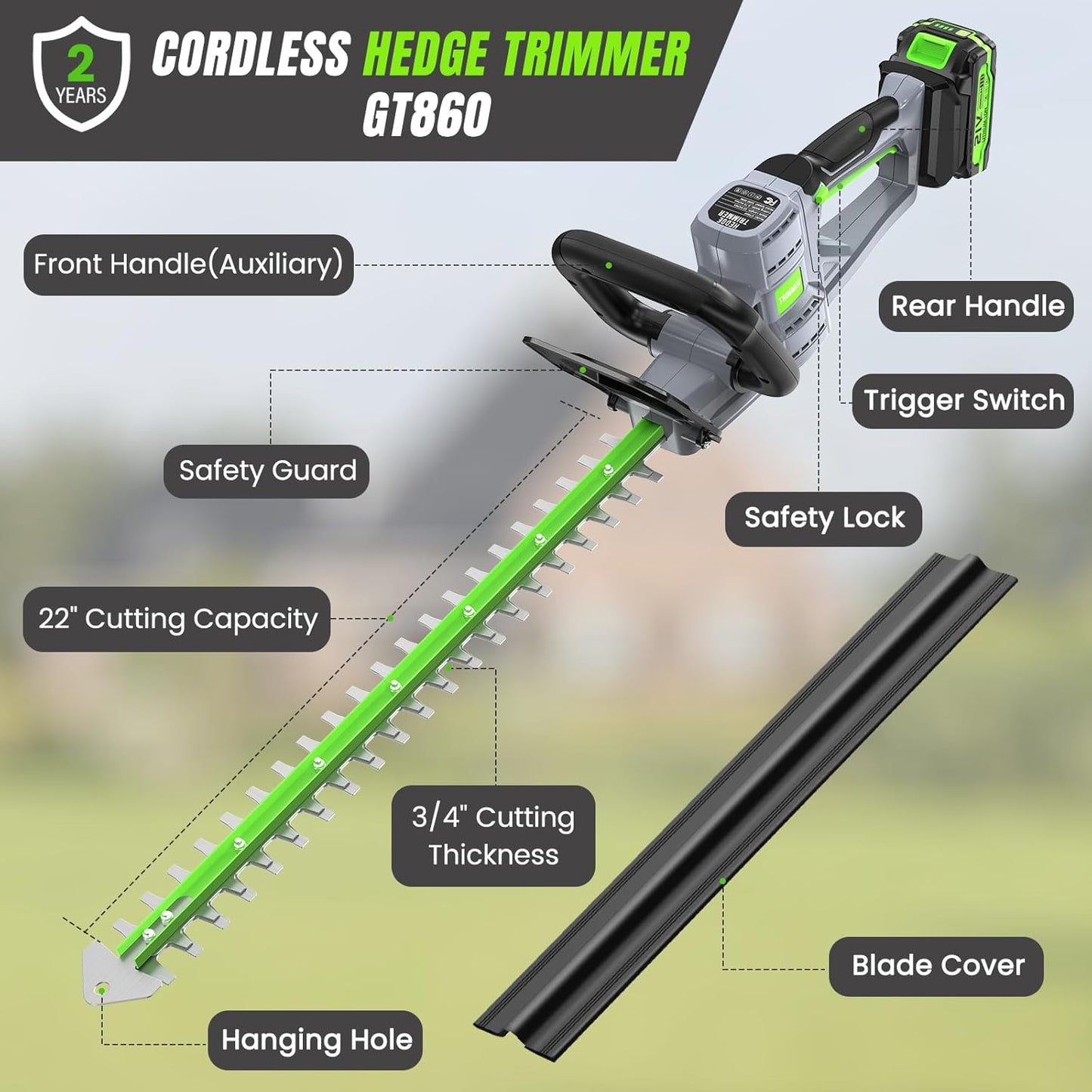 Hedge Trimmer Cordless 22" - 2 x 21V Batteries & Fast Charger, Easy to Use