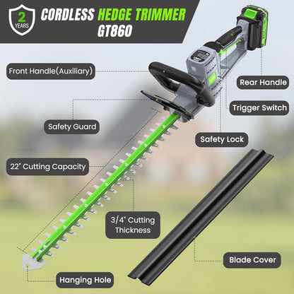 Hedge Trimmer Cordless 22" - 2 x 21V Batteries & Fast Charger, Easy to Use