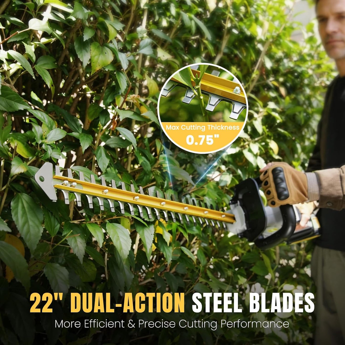 Hedge Trimmer Cordless 22" - 2 x 21V Batteries & Fast Charger, Easy to Use