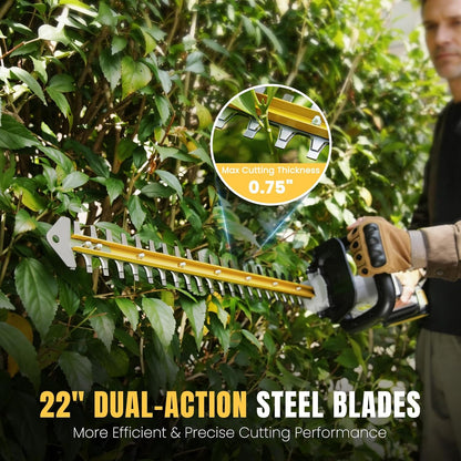 Hedge Trimmer Cordless 22" - 2 x 21V Batteries & Fast Charger, Easy to Use