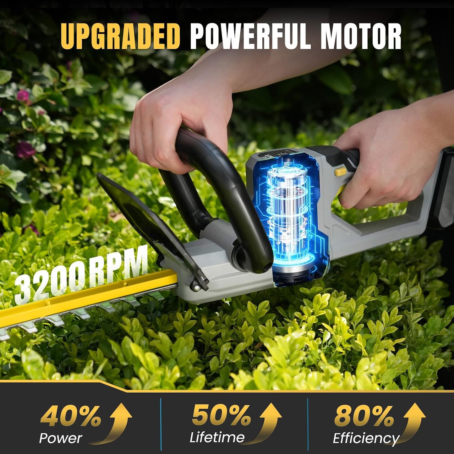 Hedge Trimmer Cordless 22" - 2 x 21V Batteries & Fast Charger, Easy to Use