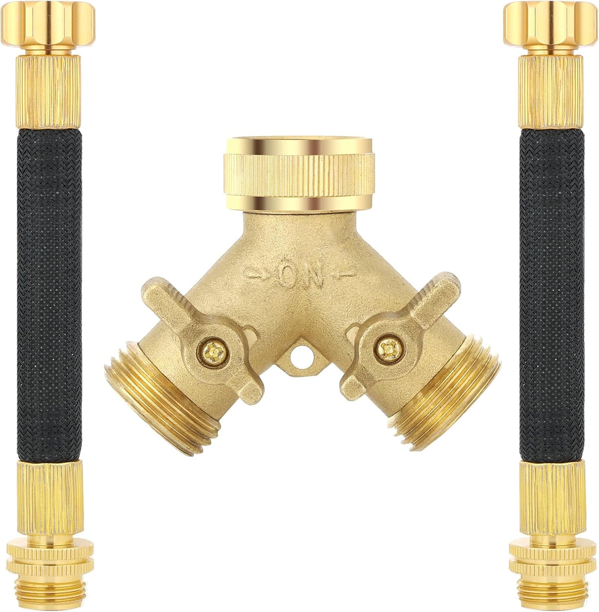 3/4 Inch Brass 2-Way Garden Hose Splitter – Y-Shaped Hose Connector with 2 Anti-Kink Spiral Protectors, Heavy-Duty Metal Outdoor Faucet Splitter, Brass Handle Design, Garden Hose Adapter