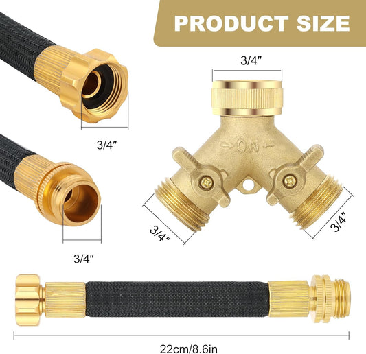 3/4 Inch Brass 2-Way Garden Hose Splitter – Y-Shaped Hose Connector with 2 Anti-Kink Spiral Protectors, Heavy-Duty Metal Outdoor Faucet Splitter, Brass Handle Design, Garden Hose Adapter