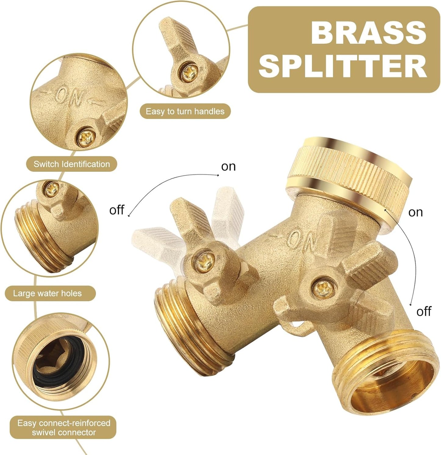 3/4 Inch Brass 2-Way Garden Hose Splitter – Y-Shaped Hose Connector with 2 Anti-Kink Spiral Protectors, Heavy-Duty Metal Outdoor Faucet Splitter, Brass Handle Design, Garden Hose Adapter
