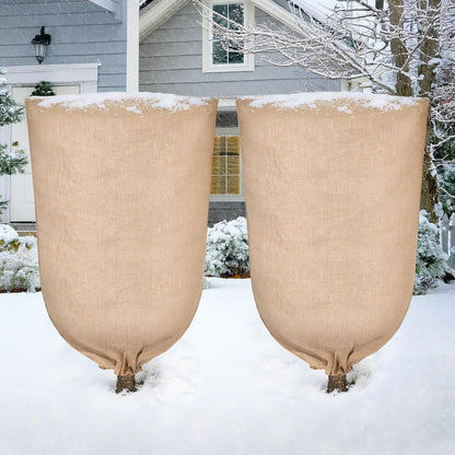 2 Pack 70”x45” Burlap Winter Plant Cover Bags Reusable Burlap Frost Cloth with Drawstring Plant Covers Freeze Protection Freeze Blanket Frost Blankets Shrub Jacket for Outdoor Trees Garden Bushes