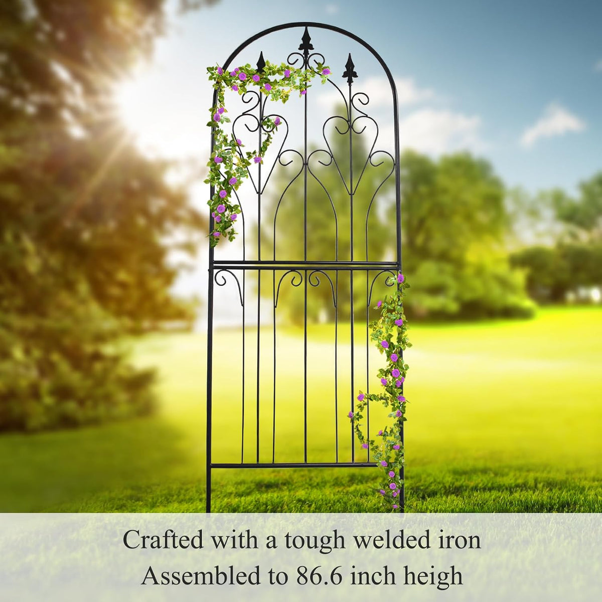 Metal Trellis 86.6" H x 29.5" W Tall Powder-Coated Black Garden Trellis Wrought Iron Heavy Scroll Metal Decoration Lawn Patio for Rose Clematis Ivy Weather Resistant Garden Addition