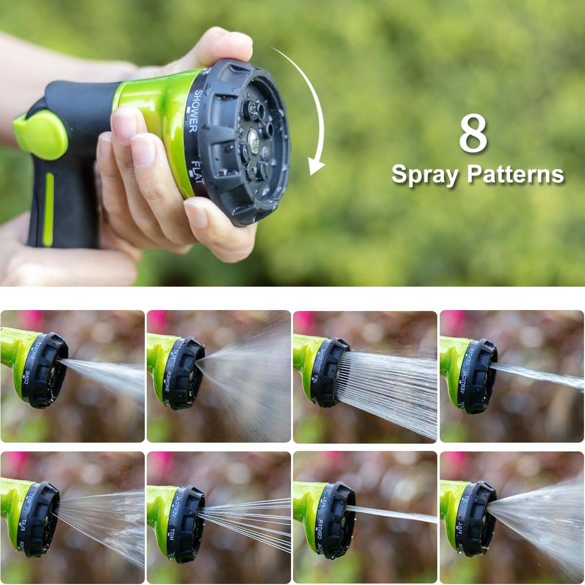 Garden Hose Nozzle Heavy Duty, 100% Metal Water Hose Sprayer with 8 Spray Patterns, High Pressure Spray Nozzle Thumb Control On Off Valve for Lawn & Plant Watering, Car & Pet Washing - Green