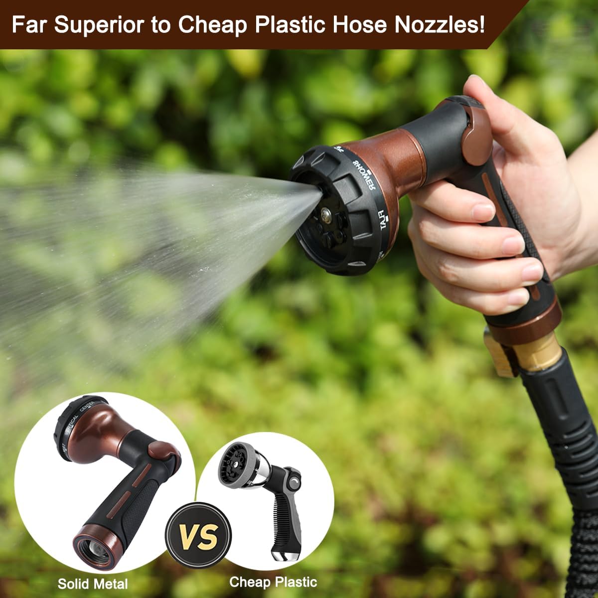 Garden Hose Nozzle Heavy Duty, 100% Metal Water Hose Sprayer with 8 Spray Patterns, High Pressure Spray Nozzle Thumb Control On Off Valve for Lawn & Plant Watering, Car & Pet Washing - Green