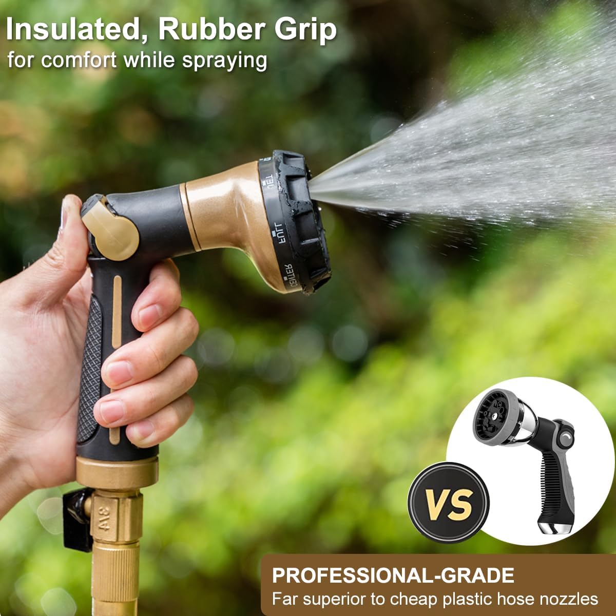 Garden Hose Nozzle Heavy Duty, 100% Metal Water Hose Sprayer with 8 Spray Patterns, High Pressure Spray Nozzle Thumb Control On Off Valve for Lawn & Plant Watering, Car & Pet Washing - Green