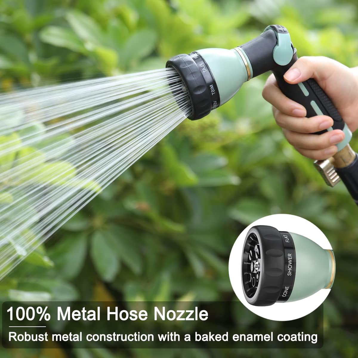 Garden Hose Nozzle Heavy Duty, 100% Metal Water Hose Sprayer with 8 Spray Patterns, High Pressure Spray Nozzle Thumb Control On Off Valve for Lawn & Plant Watering, Car & Pet Washing - Green