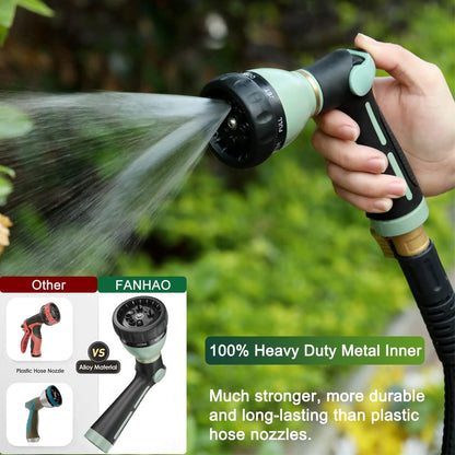 Garden Hose Nozzle Heavy Duty, 100% Metal Water Hose Sprayer with 8 Spray Patterns, High Pressure Spray Nozzle Thumb Control On Off Valve for Lawn & Plant Watering, Car & Pet Washing - Green