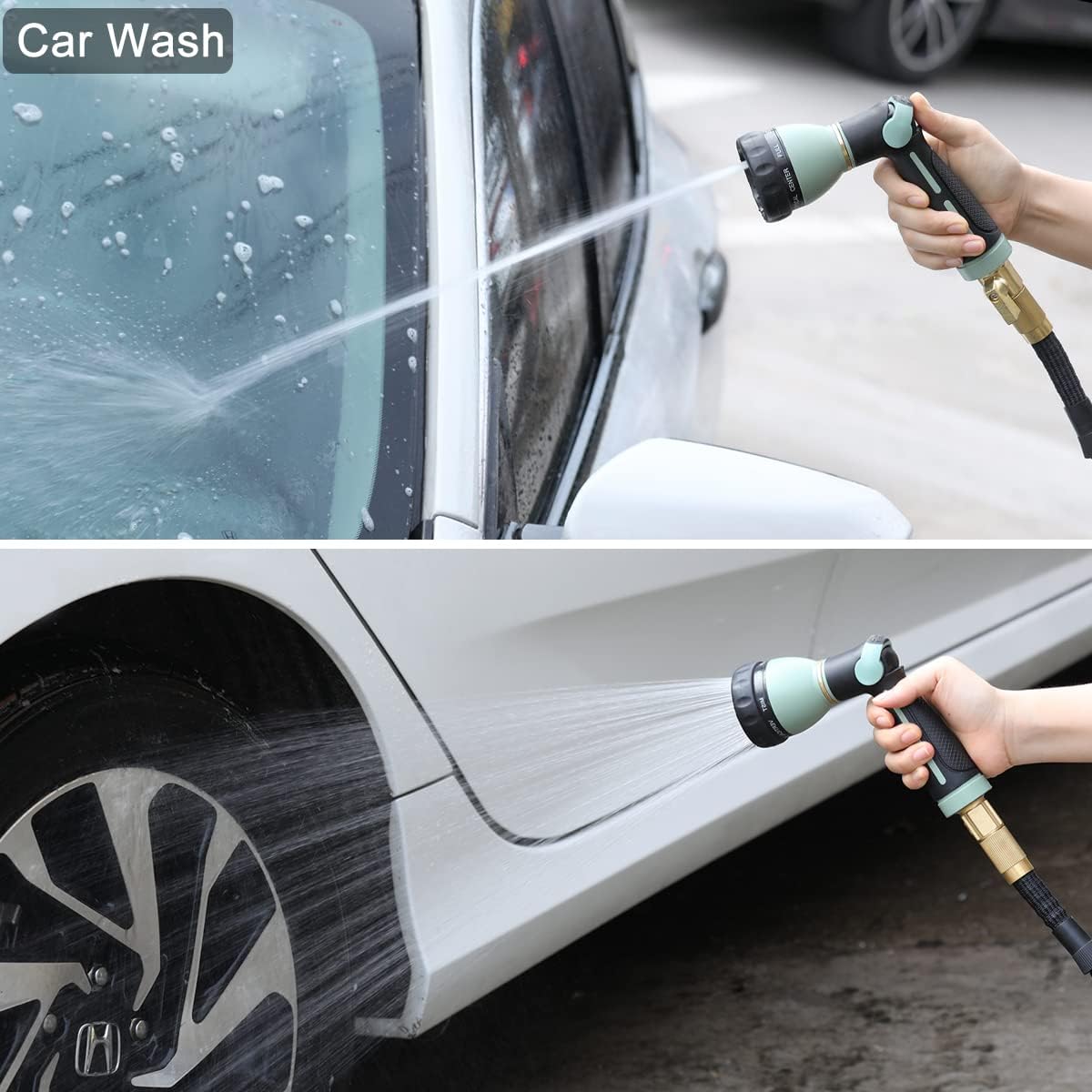 Garden Hose Nozzle Heavy Duty, 100% Metal Water Hose Sprayer with 8 Spray Patterns, High Pressure Spray Nozzle Thumb Control On Off Valve for Lawn & Plant Watering, Car & Pet Washing - Green