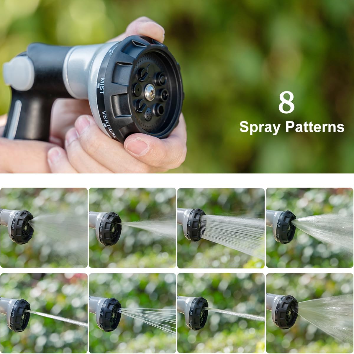 Garden Hose Nozzle Heavy Duty, 100% Metal Water Hose Sprayer with 8 Spray Patterns, High Pressure Spray Nozzle Thumb Control On Off Valve for Lawn & Plant Watering, Car & Pet Washing - Green