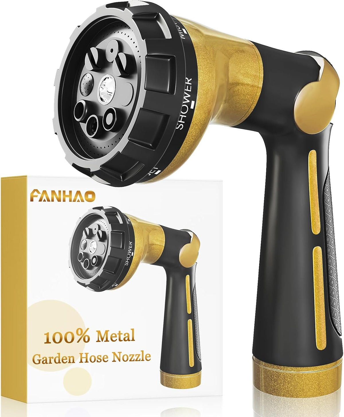 Garden Hose Nozzle Heavy Duty, 100% Metal Water Hose Sprayer with 8 Spray Patterns, High Pressure Spray Nozzle Thumb Control On Off Valve for Lawn & Plant Watering, Car & Pet Washing - Green