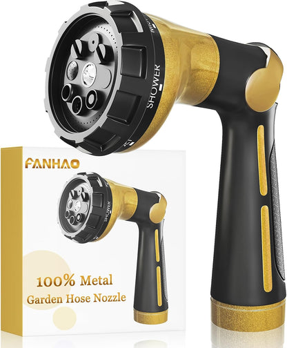 Garden Hose Nozzle Heavy Duty, 100% Metal Water Hose Sprayer with 8 Spray Patterns, High Pressure Spray Nozzle Thumb Control On Off Valve for Lawn & Plant Watering, Car & Pet Washing - Green