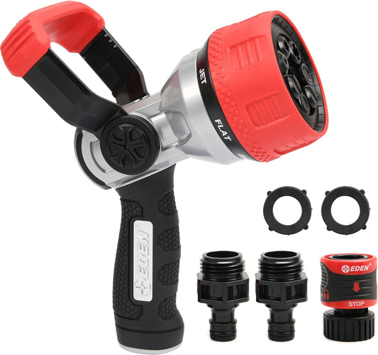 96806 Heavy-Duty Metal Fireman Hose Nozzle | 7 Spray Patterns, High-Pressure Garden Sprayer with Quick Connect Set & Bonus Washers