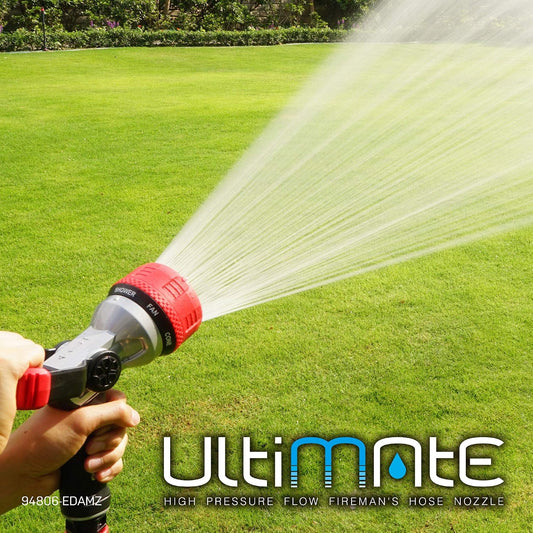 96806 Heavy-Duty Metal Fireman Hose Nozzle | 7 Spray Patterns, High-Pressure Garden Sprayer with Quick Connect Set & Bonus Washers