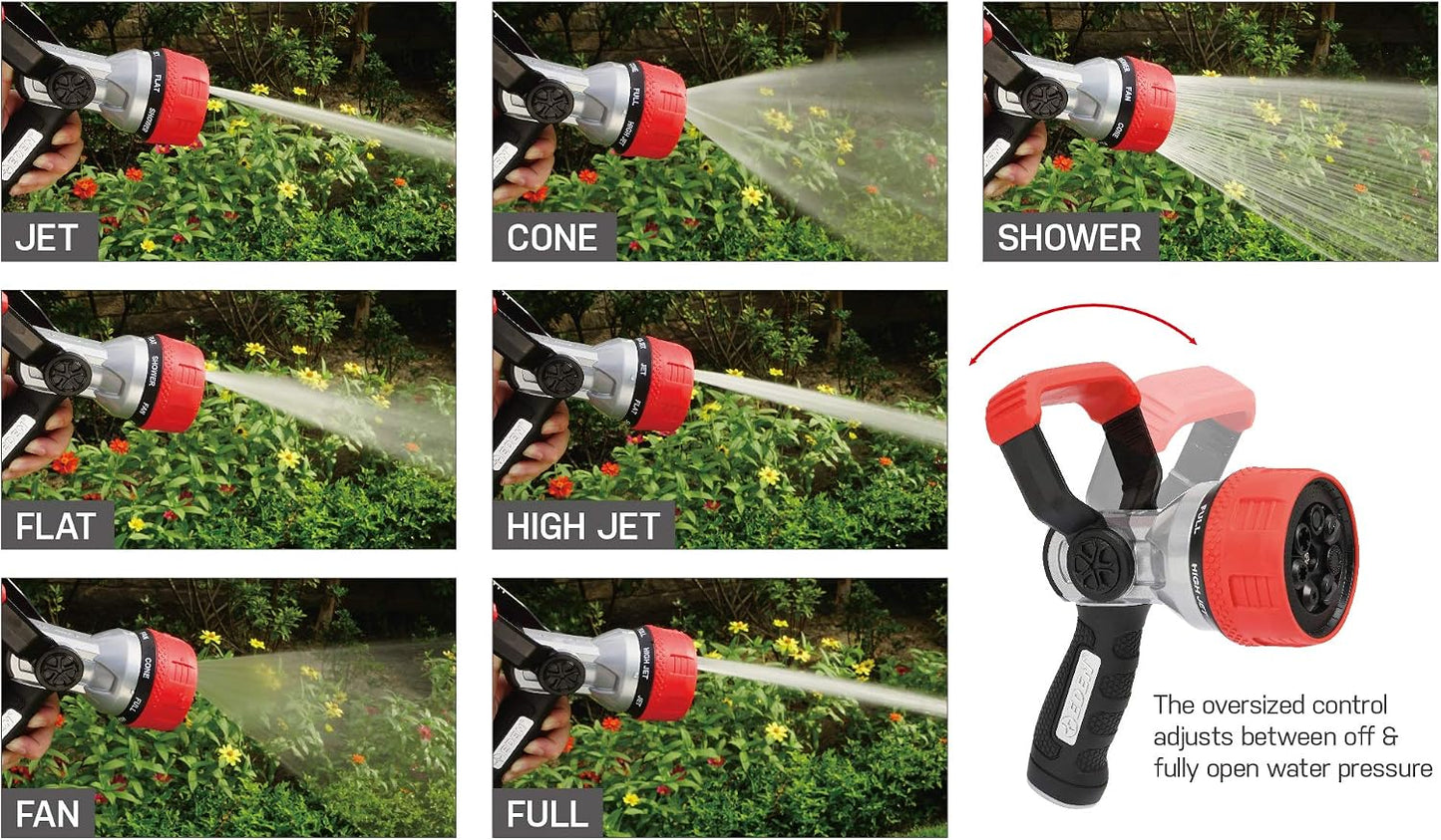 96806 Heavy-Duty Metal Fireman Hose Nozzle | 7 Spray Patterns, High-Pressure Garden Sprayer with Quick Connect Set & Bonus Washers