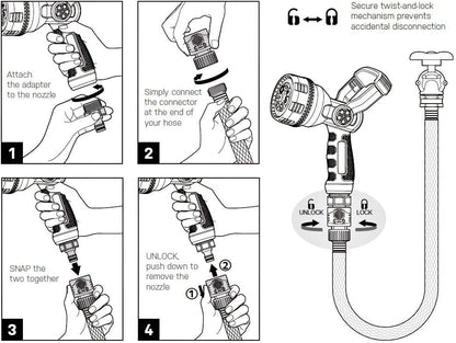 96806 Heavy-Duty Metal Fireman Hose Nozzle | 7 Spray Patterns, High-Pressure Garden Sprayer with Quick Connect Set & Bonus Washers