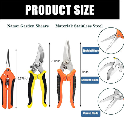 Pruning Shears, 3 Pack Garden Shears, Clippers Handheld, Stainless Steel Garden Snips, Pruners for Gardening, Gardening Scissors Hand Pruner Pruning Shear with Stainless Steel Blades