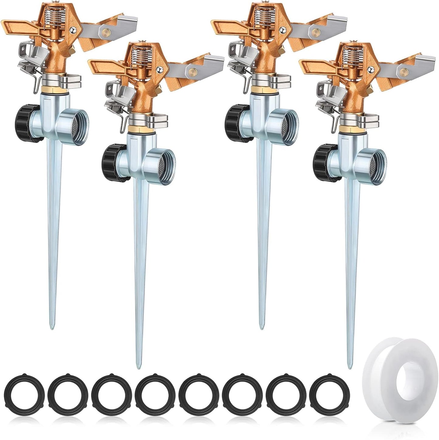 4 Pack Heavy Duty Brass Impact Lawn Sprinklers – Adjustable 360° Rotating Garden Sprinkler Heads with Metal Spike Base – Wide Coverage Yard Irrigation System for Lawn, Garden & Farm