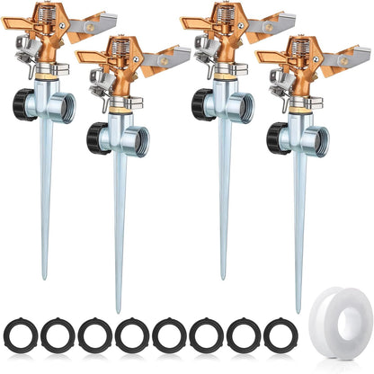 4 Pack Heavy Duty Brass Impact Lawn Sprinklers – Adjustable 360° Rotating Garden Sprinkler Heads with Metal Spike Base – Wide Coverage Yard Irrigation System for Lawn, Garden & Farm