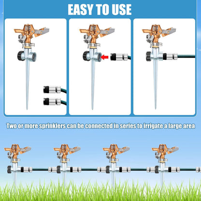 4 Pack Heavy Duty Brass Impact Lawn Sprinklers – Adjustable 360° Rotating Garden Sprinkler Heads with Metal Spike Base – Wide Coverage Yard Irrigation System for Lawn, Garden & Farm