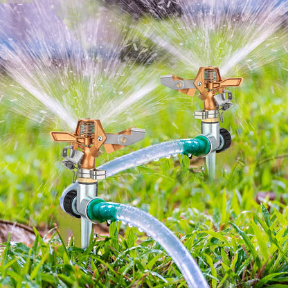 4 Pack Heavy Duty Brass Impact Lawn Sprinklers – Adjustable 360° Rotating Garden Sprinkler Heads with Metal Spike Base – Wide Coverage Yard Irrigation System for Lawn, Garden & Farm
