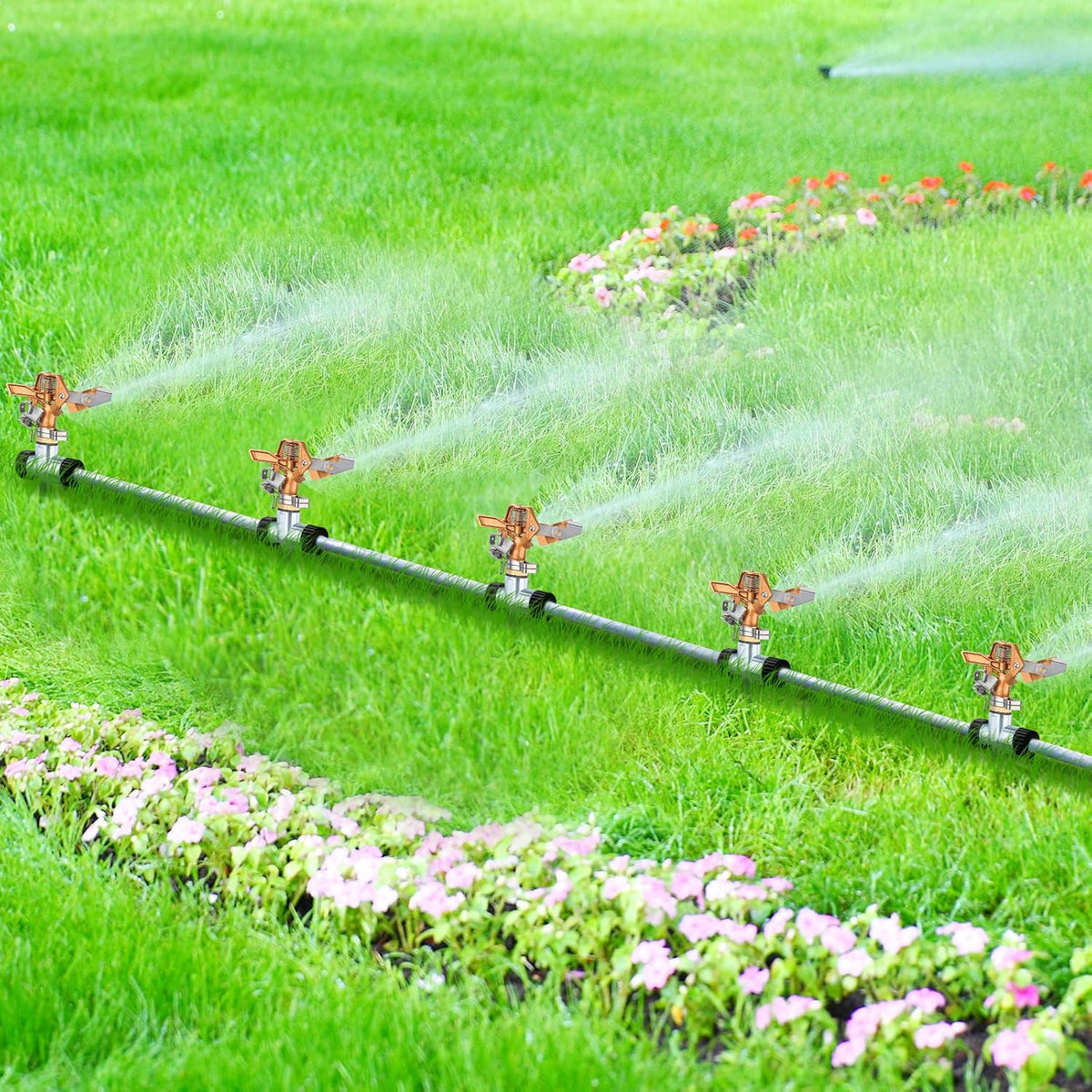 4 Pack Heavy Duty Brass Impact Lawn Sprinklers – Adjustable 360° Rotating Garden Sprinkler Heads with Metal Spike Base – Wide Coverage Yard Irrigation System for Lawn, Garden & Farm
