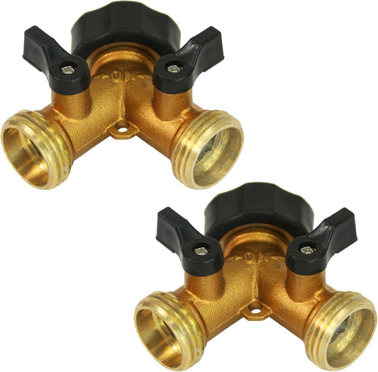 6-9477: Heavy-Duty Brass Hose Splitter Hose Connection, Fits Standard Garden Hoses, Brass Construction with Shut-Off Valves, Y-Shaped, Leak-Free, Set of 2