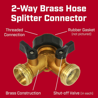 6-9477: Heavy-Duty Brass Hose Splitter Hose Connection, Fits Standard Garden Hoses, Brass Construction with Shut-Off Valves, Y-Shaped, Leak-Free, Set of 2