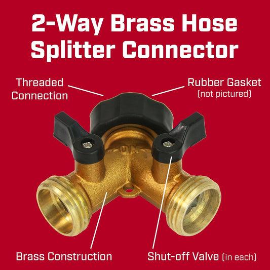 6-9477: Heavy-Duty Brass Hose Splitter Hose Connection, Fits Standard Garden Hoses, Brass Construction with Shut-Off Valves, Y-Shaped, Leak-Free, Set of 2