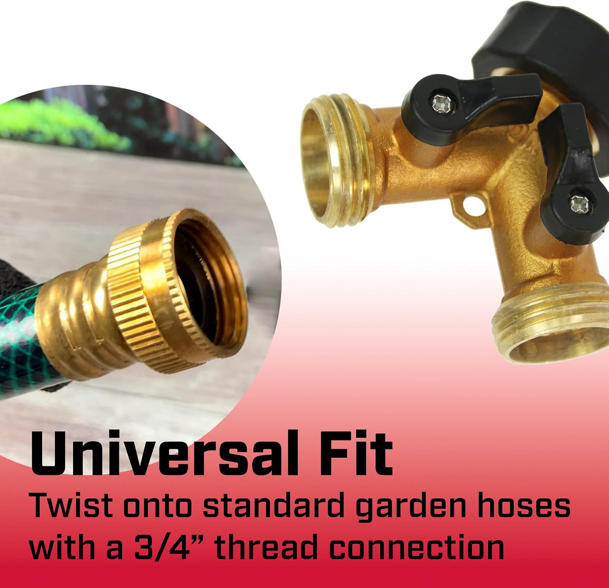 6-9477: Heavy-Duty Brass Hose Splitter Hose Connection, Fits Standard Garden Hoses, Brass Construction with Shut-Off Valves, Y-Shaped, Leak-Free, Set of 2