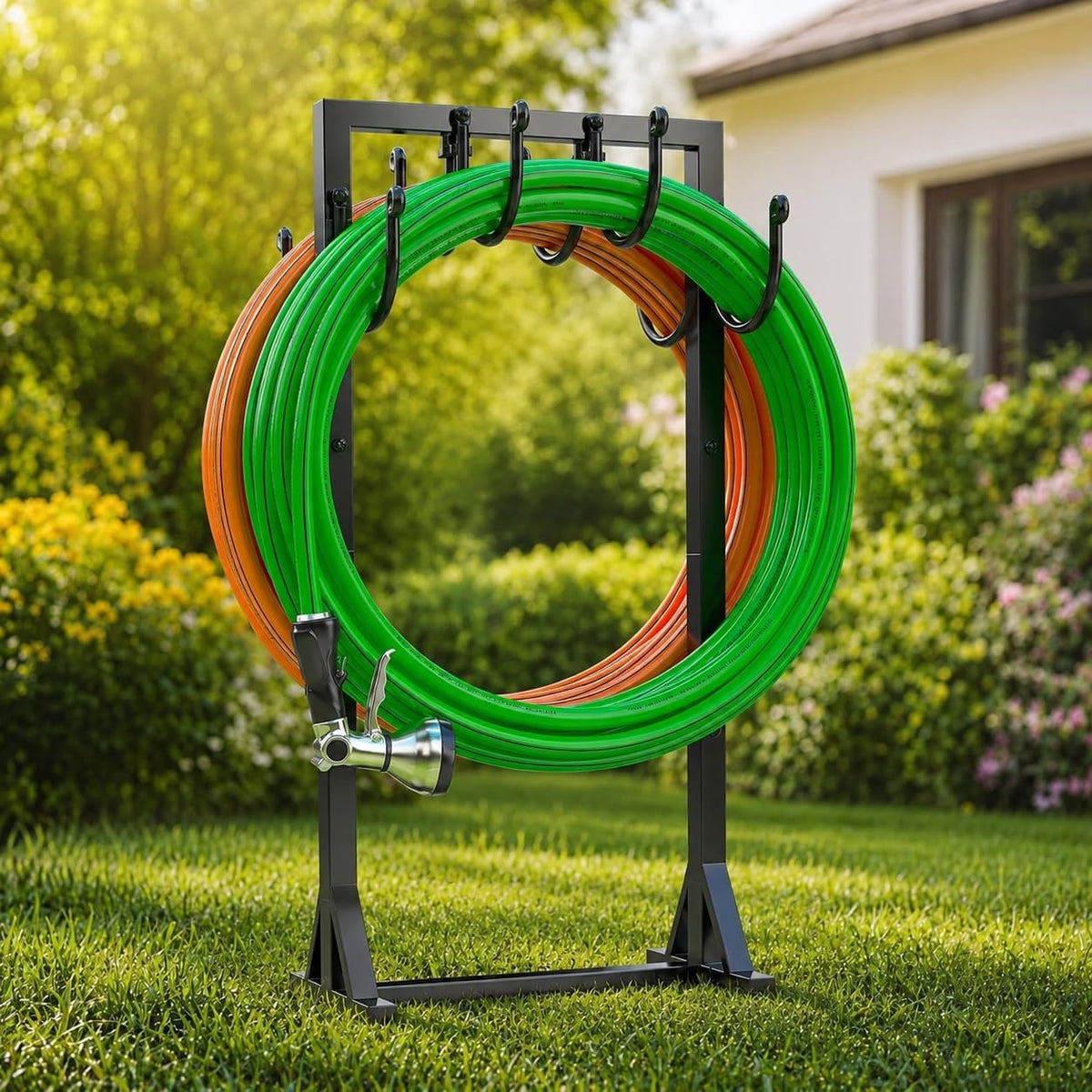 Garden Hose Holder Freestanding, Double-Sided Water Hose Holders for Outside, Heavy Duty Metal Hose Stand Hanger Storage Rack