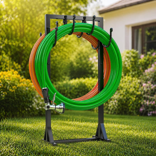 Garden Hose Holder Freestanding, Double-Sided Water Hose Holders for Outside, Heavy Duty Metal Hose Stand Hanger Storage Rack
