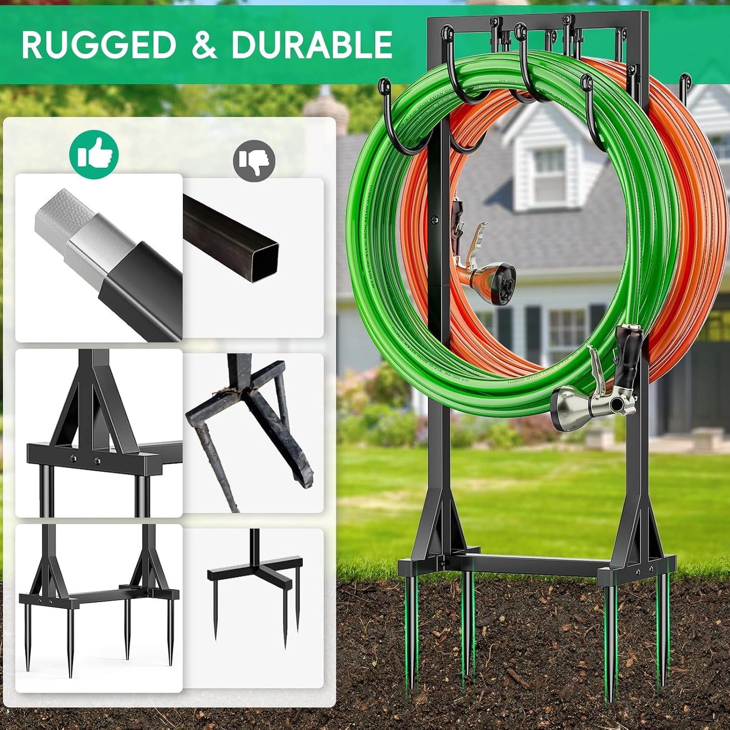 Garden Hose Holder Freestanding, Double-Sided Water Hose Holders for Outside, Heavy Duty Metal Hose Stand Hanger Storage Rack