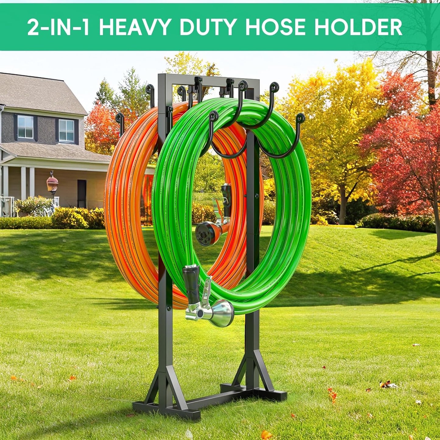 Garden Hose Holder Freestanding, Double-Sided Water Hose Holders for Outside, Heavy Duty Metal Hose Stand Hanger Storage Rack