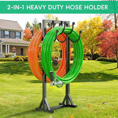 Garden Hose Holder Freestanding, Double-Sided Water Hose Holders for Outside, Heavy Duty Metal Hose Stand Hanger Storage Rack