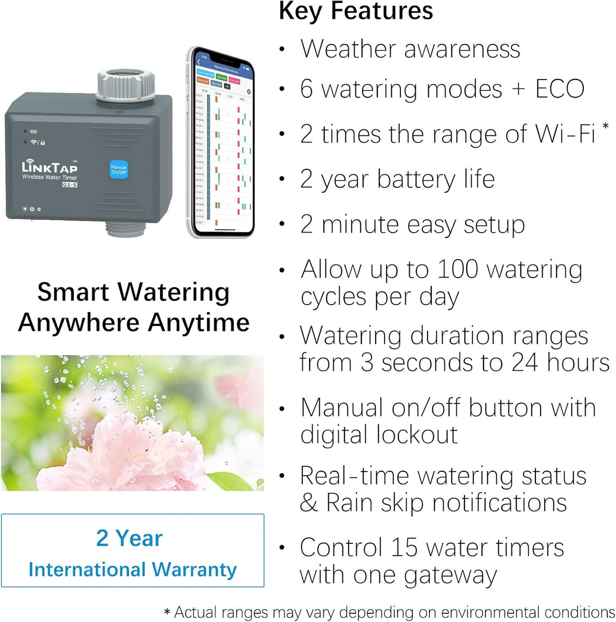 LinkTap G2S Smart Garden Hose Timer & Gateway, 2-Year Battery Life